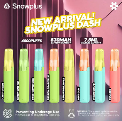 Snowplus DASH 4000 disposable vape product cover showing device and flavor options with bright colors