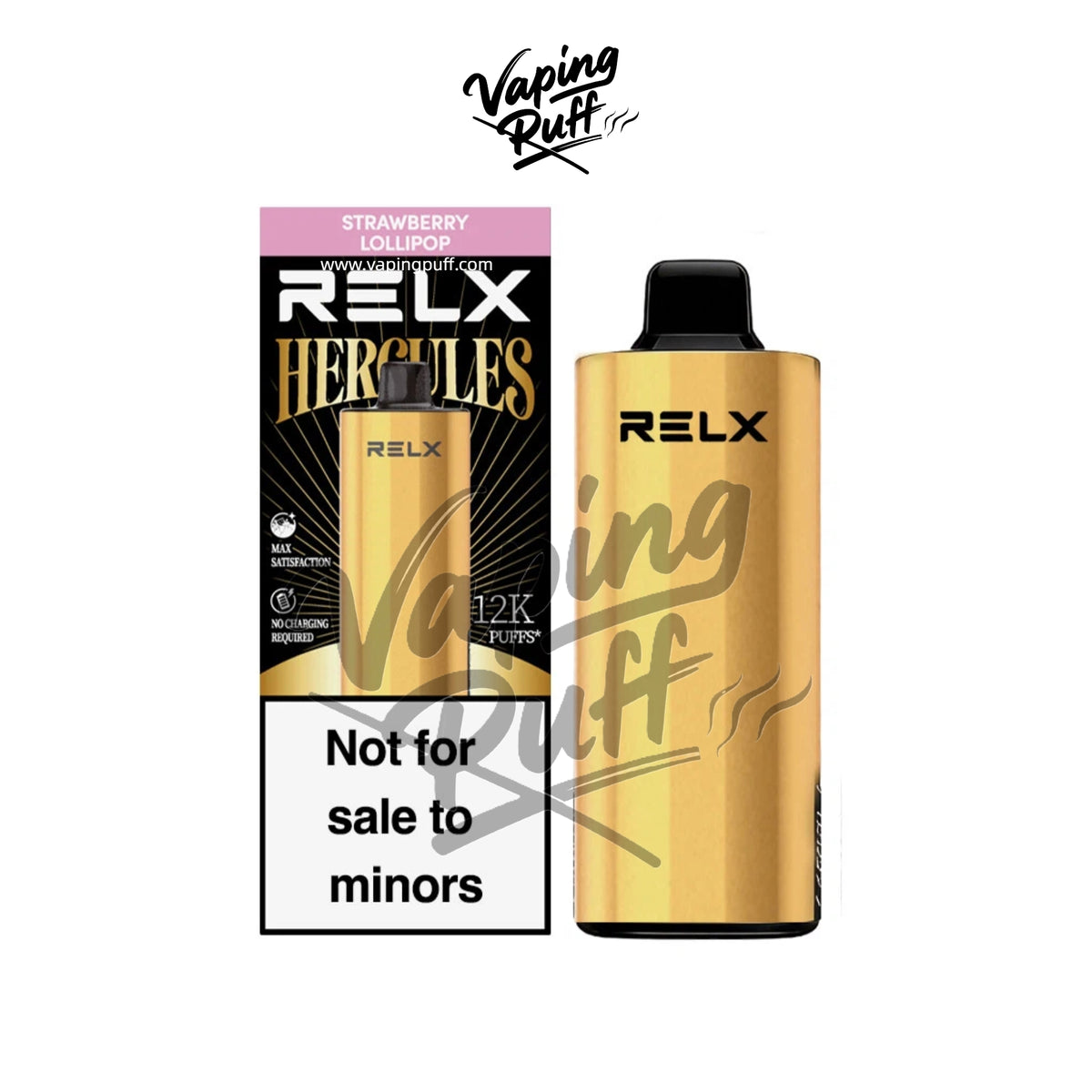 Relx Herc 12000 Puffs vape, sweet strawberry lollipop candy flavor.